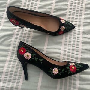 Floral Embroidered Velvet Black Heels